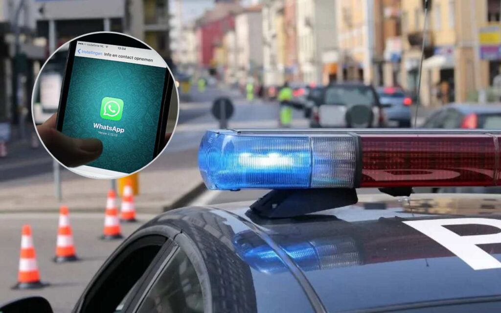 Pattuglia della polizia durante un posto di blocco e logo whatsapp