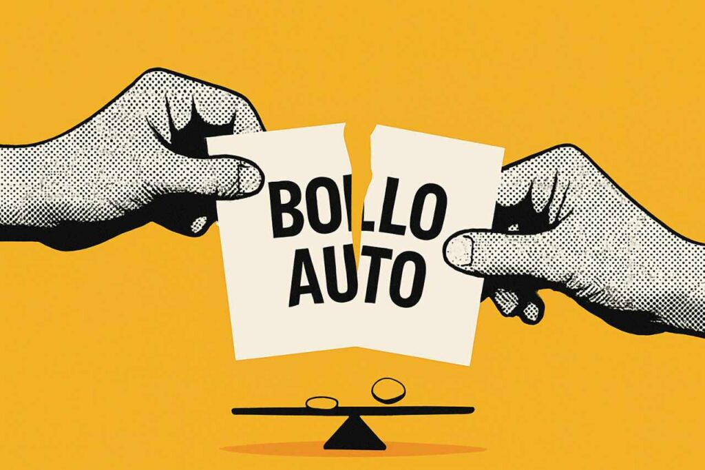 Illustrazione di una persona che strappa un foglio con scritto "bollo auto"