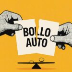 Illustrazione di una persona che strappa un foglio con scritto "bollo auto"