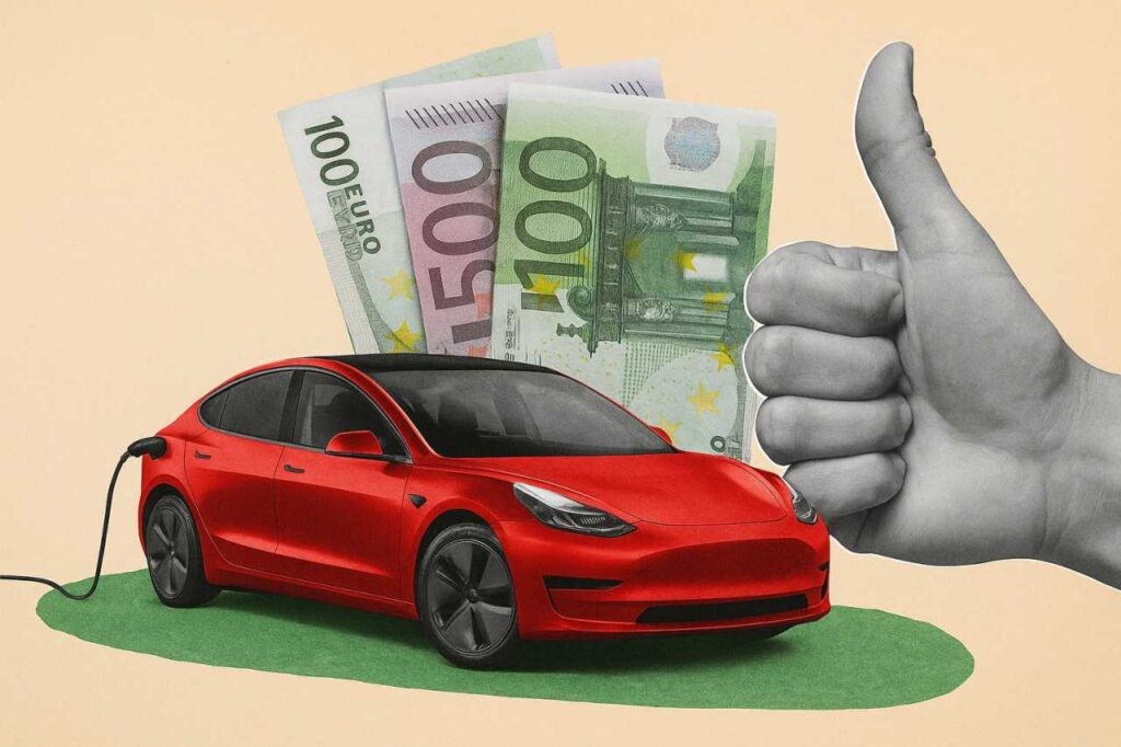 Illustrazione auto, banconote euro e gesto "OK"