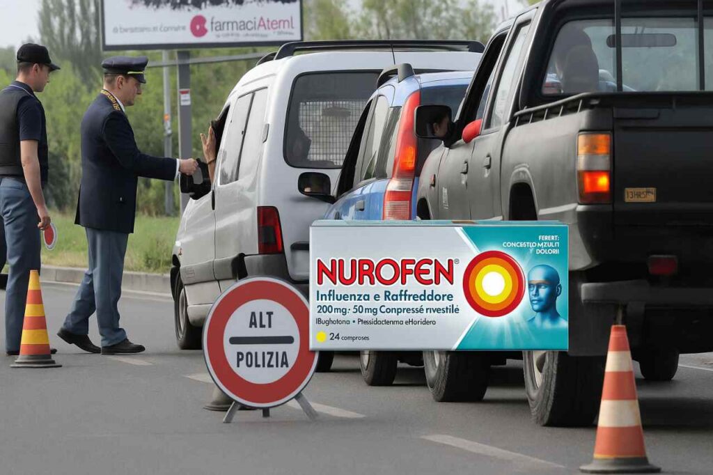 Posto di blocco e immagine di una scatola di nurofen