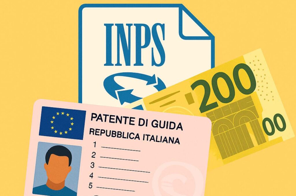 Illustrazione logo INPS, banconota da 200€ e patente di guida