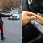 Collage carabiniere posto di blocco e documento sul cruscotto