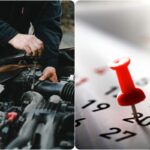 Collage meccanico che effettua revisione auto e calendario