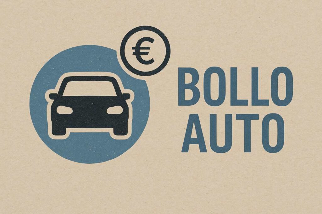 Illustrazione bollo auto, macchina disegnata su cartone e simbolo euro