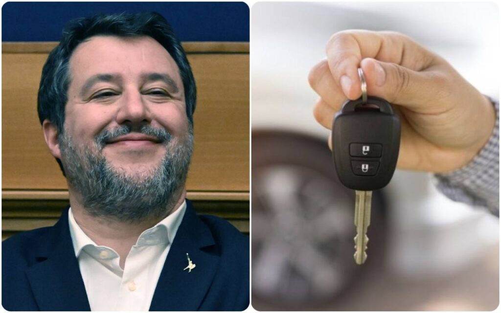 Collage Matteo Salvini e persona che mostra le chiavi dell'auto