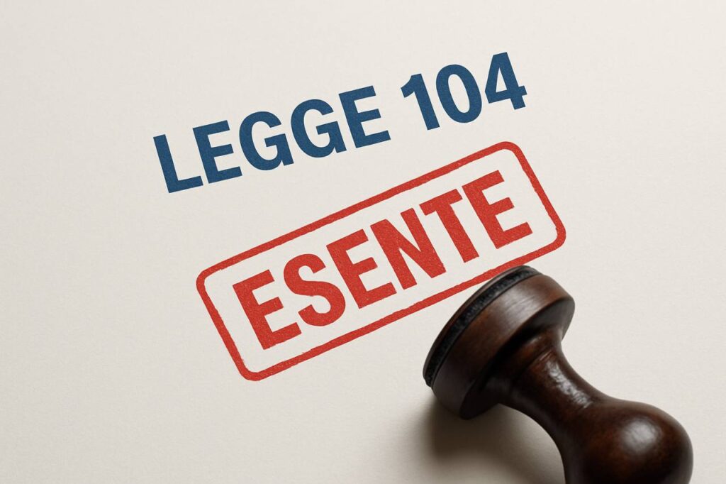 Foglio con scritto legge 104 esente e timbro vicino