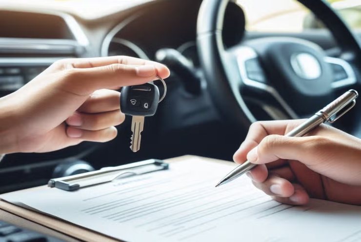 Persona dentro ad un'auto che firma il passaggio di proprietà. Altra persona nel veicolo che gli cede le chiavi