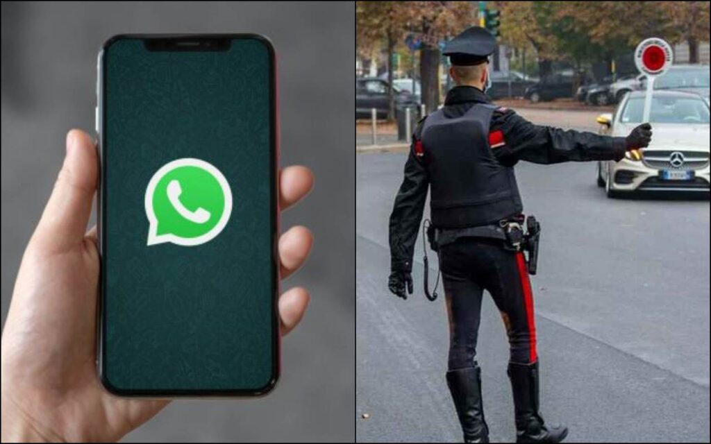 Collage telefono con logo WhatsApp sullo sfondo e carabiniere con paletta durante un posto di blocco