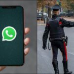 Collage telefono con logo WhatsApp sullo sfondo e carabiniere con paletta durante un posto di blocco