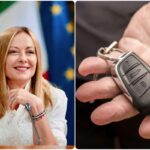 Collage Giorgia Meloni che sorride e uomo con delle chiavi dell'auto in mano