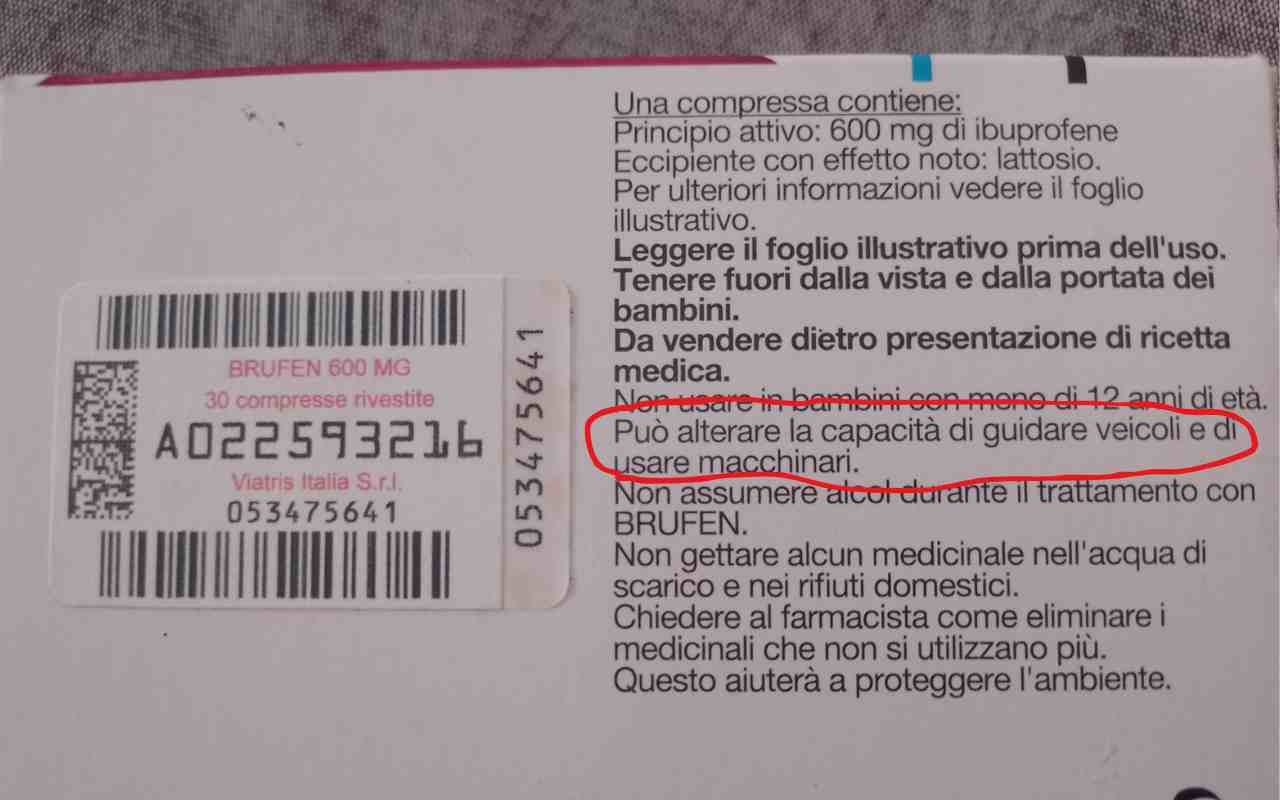 Indicazioni alla guida dietro alla scatola del Brufen