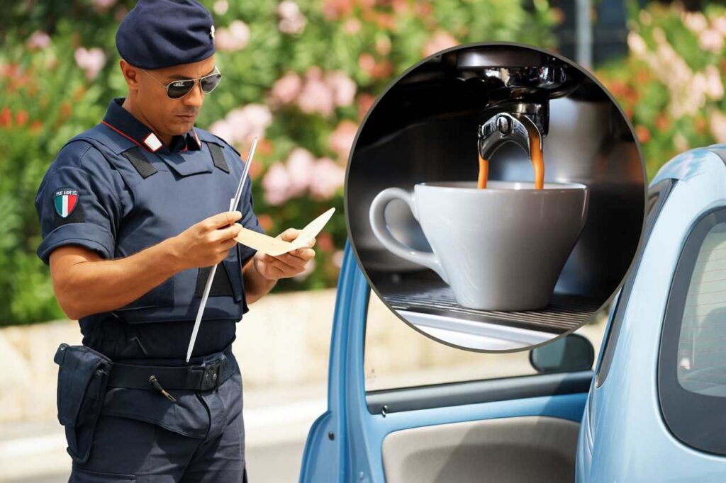 Agente al posto di blocco e tazzina di caffè