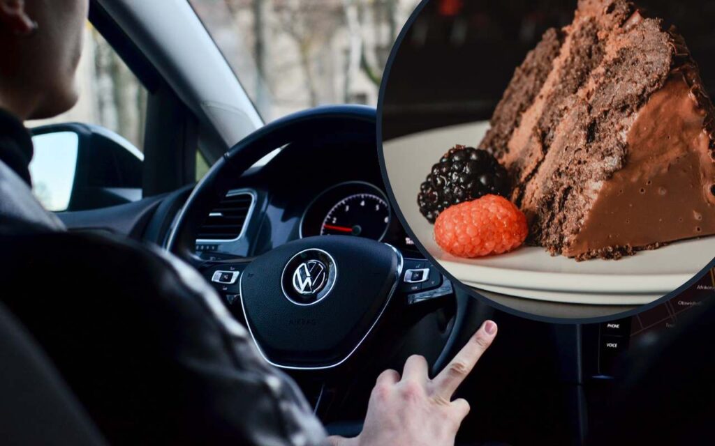 Collage uomo alla guida e torta di compleanno al Rum e cioccolato