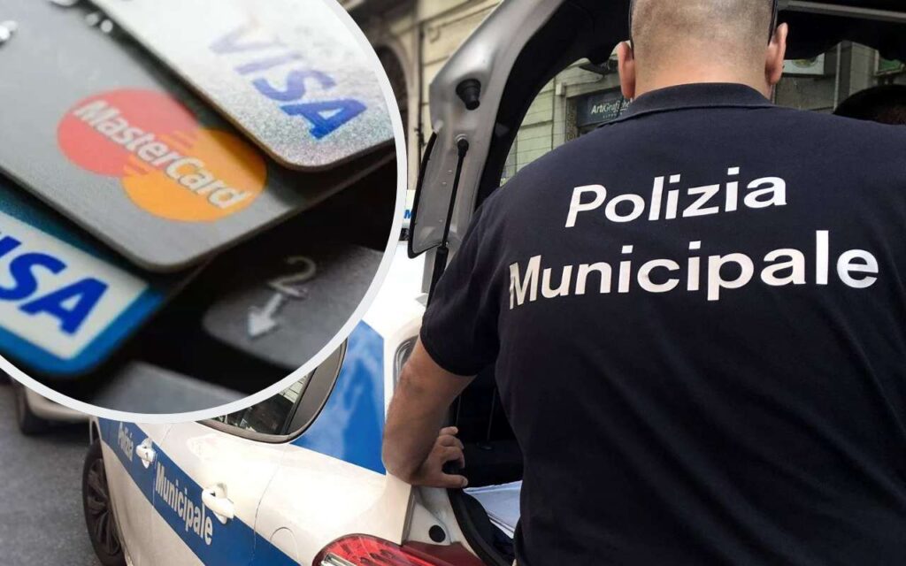 collage agente polizia locale e carte di credito