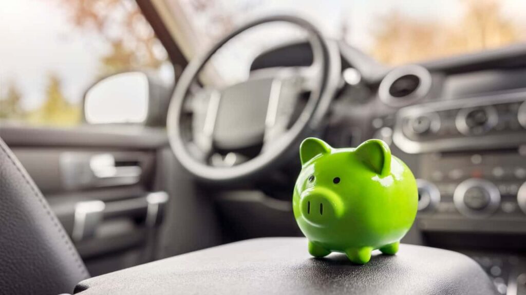 Salvadanaio verde sopra al sedile di un'auto