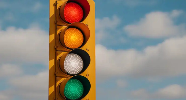 Semaforo rosso, verde, giallo e bianco