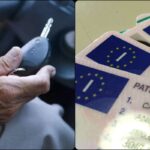Collage anziano con chiave dell'auto in mano e patenti di guida