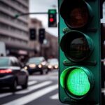 Semaforo verde in primo piano e auto che passano