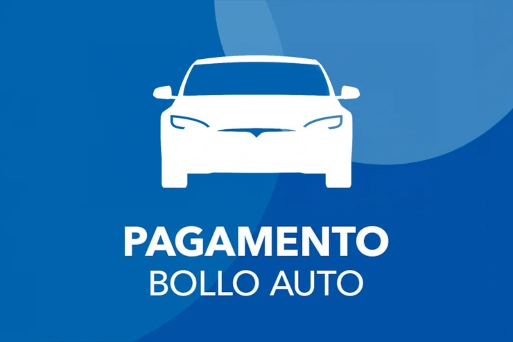 Illustrazione bollo auto con auto bianca e scritta "pagamento bollo auto" su sfondo blu