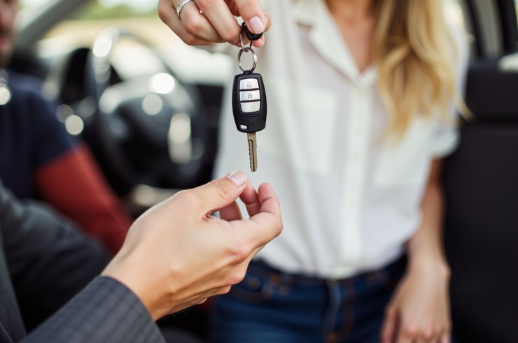 Donna che cede le chiavi dell'auto ad un uomo