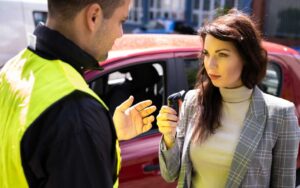 Donna che guarda il vigile che vuole sottoporla ad alcol test