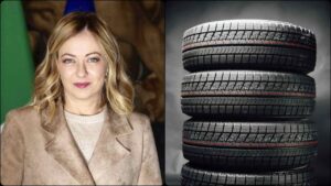 Collage Giorgia Meloni e pneumatici in pila