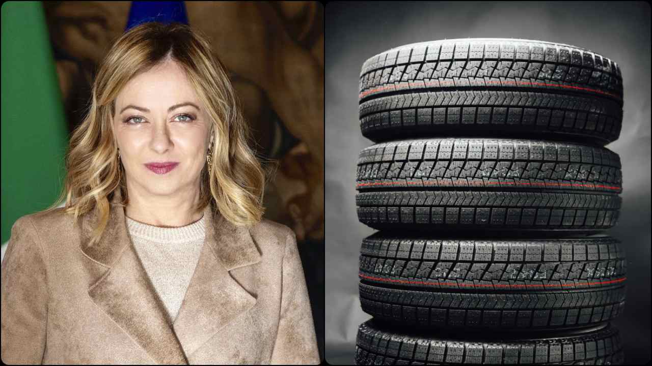Collage Giorgia Meloni e pneumatici in pila