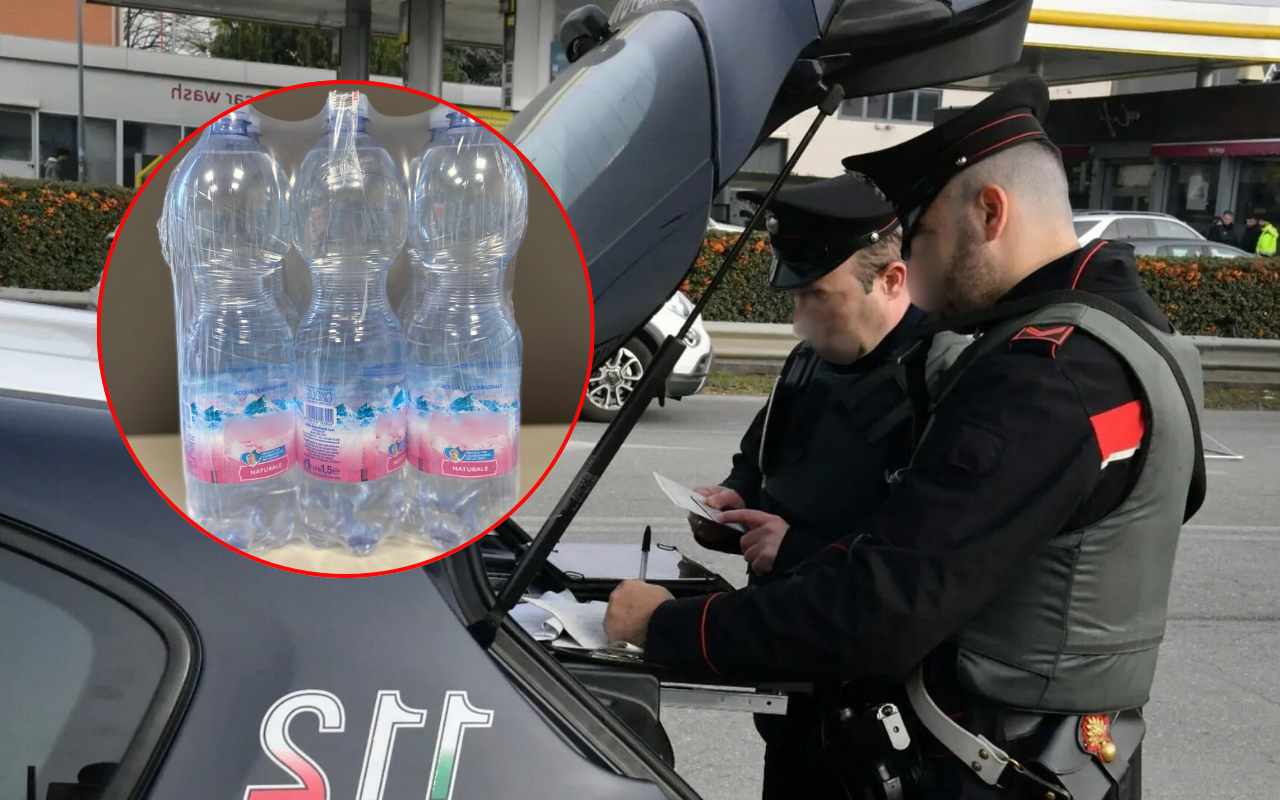 Collage carabinieri che scrivono una sanzione e cassa d'acqua