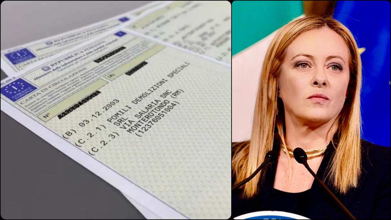 Collage Giorgia Meloni e libretto di circolazione