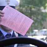 Vigile che mostra una sanzione al conducente attraverso il parabrezza