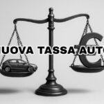 Illustrazione bilancia con un'auto e simbolo dell'euro e scritta in primo piano: "nuova tassa auto"