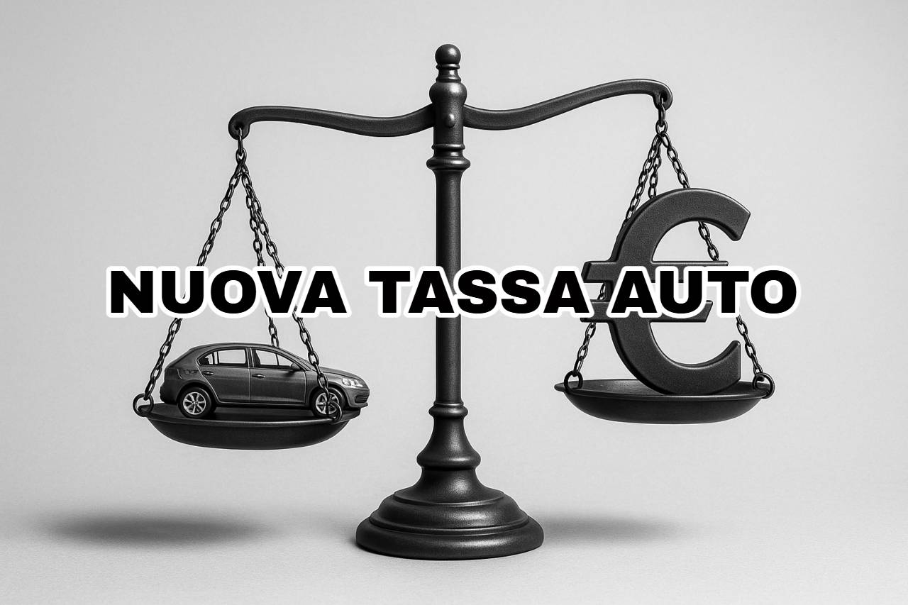 Illustrazione bilancia con un'auto e simbolo dell'euro e scritta in primo piano: "nuova tassa auto"