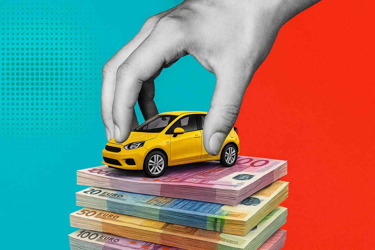 Illustrazione mano in bianco e nero che posa un'auto giocattolo su mazzette di banconote euro
